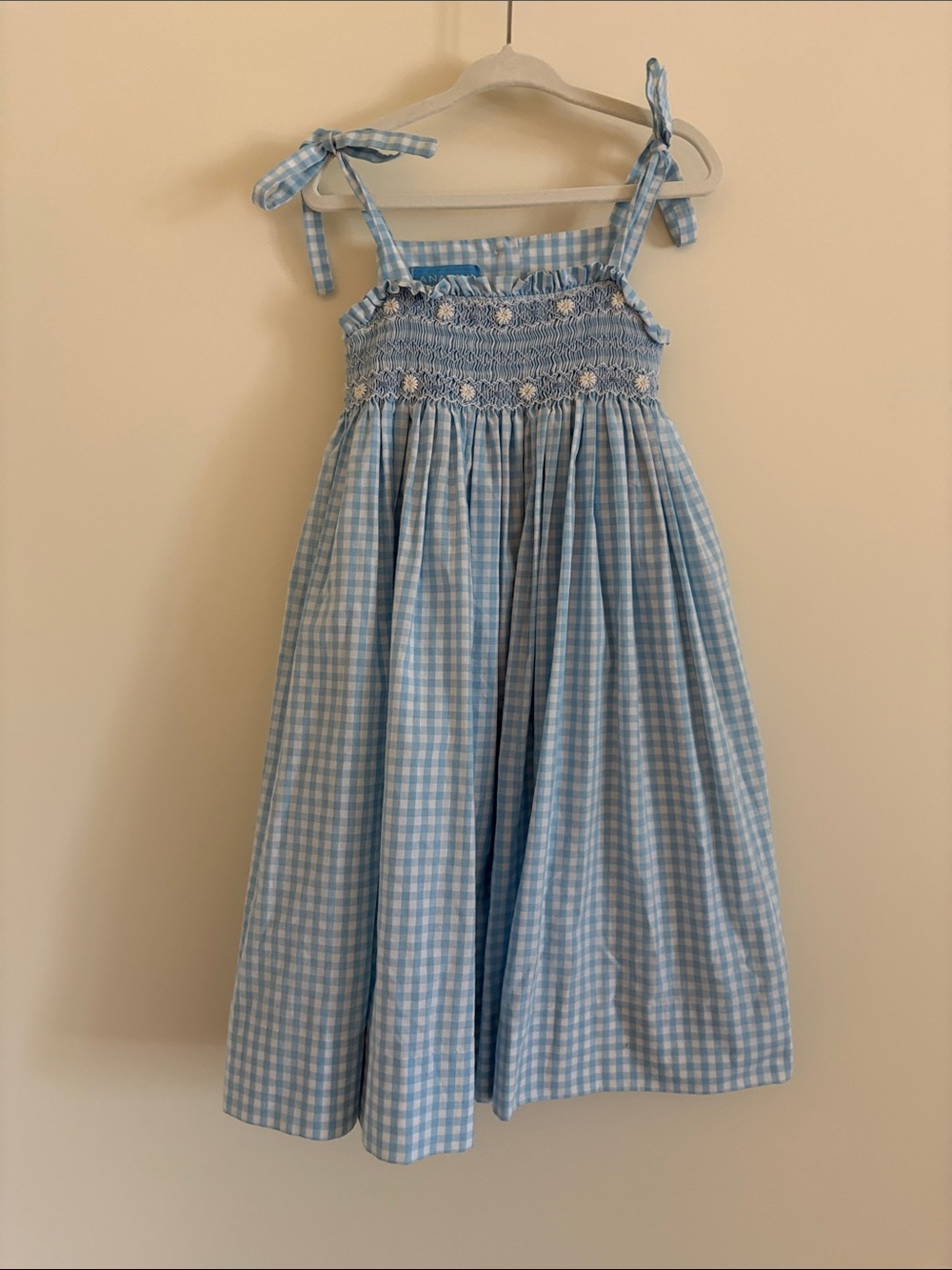 Blue Gingham Smocked Tie-Shoulder Kids Dress